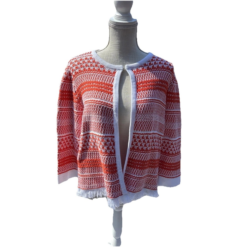 Kasper Sweater Womens Petite XL Orange White‎ Knit Fringed 3/4 Sleeve Cardigan